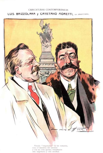 Caricatura de Luiz Brizzolara y Cayetano Moretti publicada en 1909 en Caras y Caretas. Detrás, su monumento.