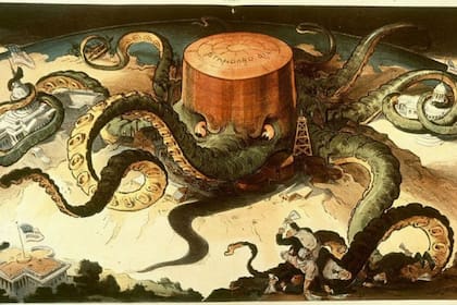 Caricatura política que muestra un tanque de Standard Oil como un pulpo con tentáculos envueltos alrededor de las industrias del acero, el cobre y el transporte marítimo, así como una casa estatal, el Capitolio de EE.UU. y la Casa Blanca