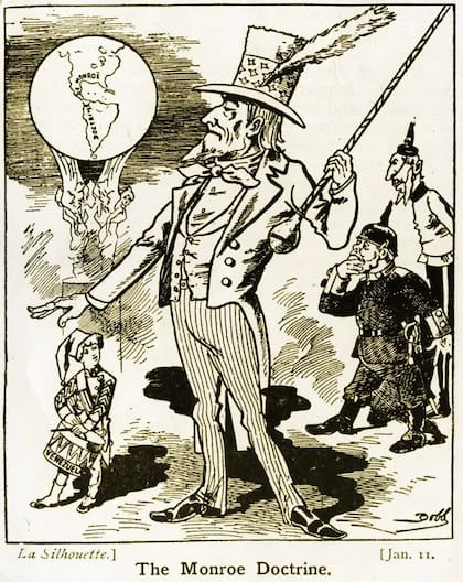 Caricatura publicada en La Silhouette en 1903 sobre la Doctrina Monroe, con Inglaterra, Estados Unidos, Alemania y el bloqueo venezolano