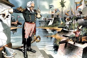 Caricatura satírica que apareció en la revista Judge en 1903: la Doctrina Monroe aplicada a Latinoamérica bajo ciertas condiciones