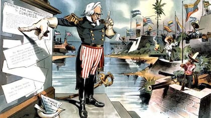 Caricatura satírica que apareció en la revista Judge en 1903: la Doctrina Monroe aplicada a Latinoamérica bajo ciertas condiciones