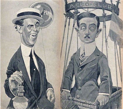 Caricaturas de Jorge Newbery y Aarón Anchorena, primeros pilotos del Pampero, publicados en la revista PBT.