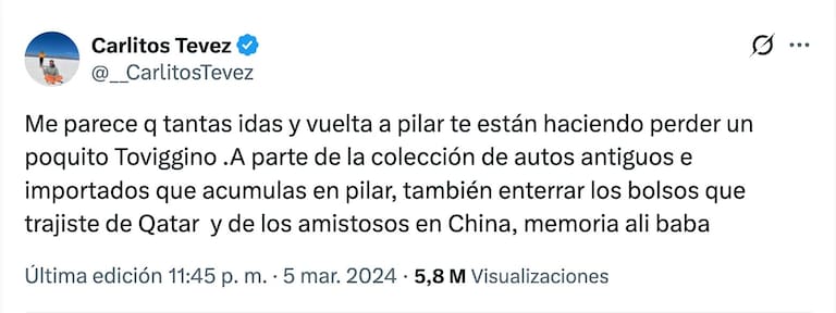 Carlitos Tevez apuntó contra Toviggino el 5 de marzo de 2024