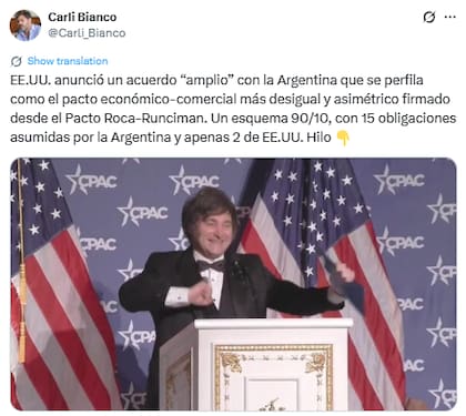 Carlos Bianco criticó acuerdo comercial de Milei con Estados Unidos (X: @Carli_Bianco)