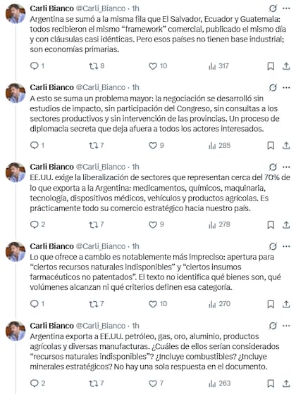 Carlos Bianco cuestionó el acuerdo comercial de Milei con Estados Unidos (X: @Carli_Bianco)