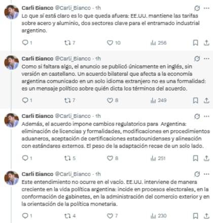 Carlos Bianco, ministro de Gobierno bonaerense, califica el acuerdo comercial como una amenaza a la soberanía argentina (X: @Carli_Bianco)