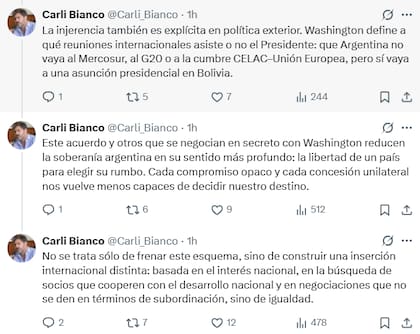 Carlos Bianco sostiene que el acuerdo comercial con EE.UU. reduce la capacidad de Argentina para decidir su propio futuro (X: @Carli_Bianco)