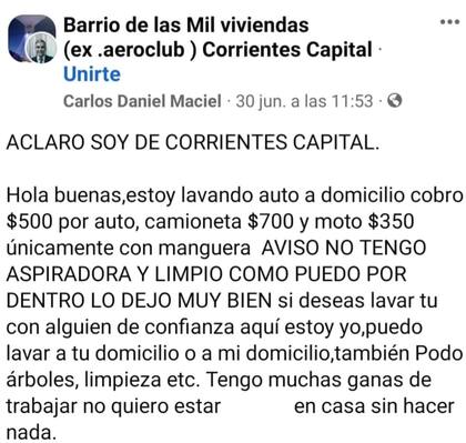 Carlos Daniel Maciel compartió el anuncio en un grupo de Facebook