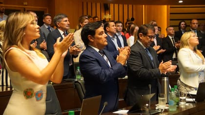 Carlos Rovira, parado en la segunda hilera como un diputado raso, entre Karen Fiege y Martin Cesino, el 1° de mayo; el jueves pasado no fue a la sesión donde le quitaron los fueros a Kiczka.