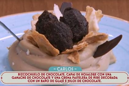 Carlos se lució con un bizcochuelo de chocolate, capas de hojaldre con una ganache de chocolate y una crema pastelera de ñire decorada con un baño de glasé e hilos de chocolate