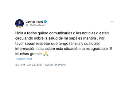 El tuit del capitán de Boca acerca del rumor sobre un supuesto fallecimiento de Segundo Tevez.