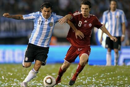 Carlos Tevez, en el amistoso con Canadá en el Monumental, último partido antes del Mundial de Sudáfrica, en 2010