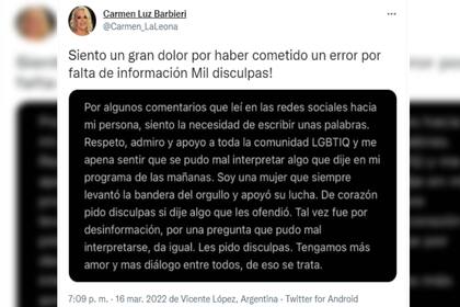 Carmen Barbieri pidió disculpas por sus dichos (Foto Twitter @Carmen_LaLeona)