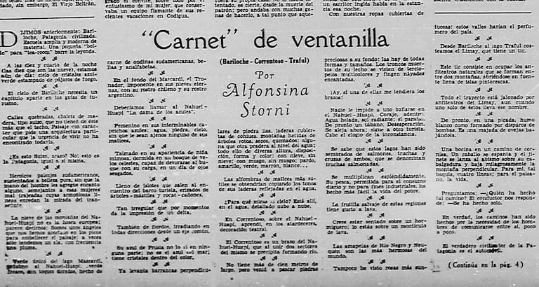 “Carnet de ventanilla. Bariloche-Correntoso-Traful”, publicado en LA NACION el 16 de mayo de 1937