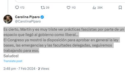 Carolina Píparo repudió la lista de "traidores" y "leales" que votaron la ley ómnibus que publicó Milei
