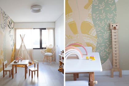 Carpa, almohadones, alfombra y juguetes de madera (Algo Bonito Kids & Home). Silla de fibras naturales (Cecé Piumé). Mural (Enamorada del Muro). Lámpara de techo (Iluminación Agüero).