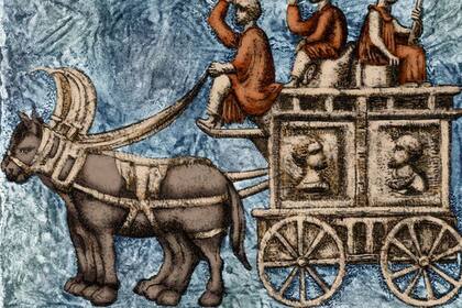 Carro funerario romano de cuatro ruedas o vagón ambulante. A lo largo de su imperio, los romanos usaron varios vehículos para viajar. El carrus (carro) era un carro abierto que transportaba un conductor y un pasajero y era halado por caballos