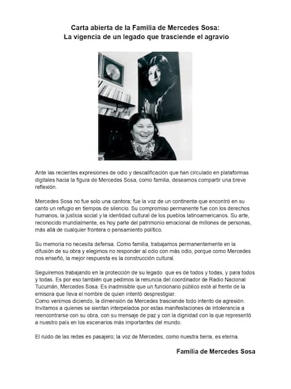 Carta abierta de la familia de Mercedes Sosa