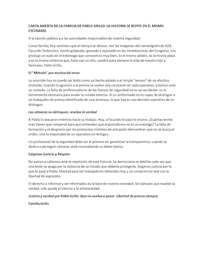 Carta abierta de la familia de Pablo Grillo