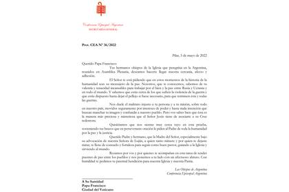 La carta enviada por los obispos al Papa Francisco