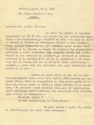 Carta anónima anviada a la familia del cadete Oscar Vuistaz, el 15 de agosto de 1966