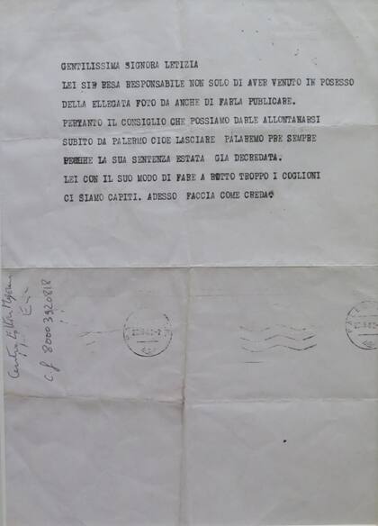Carta con amenazas contra Letizia Battaglia