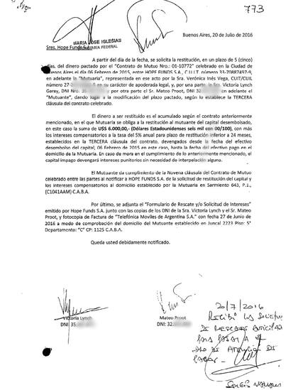 Carta con la que Mateo Proot pidió la devolución del dinero invertido en Hope Funds