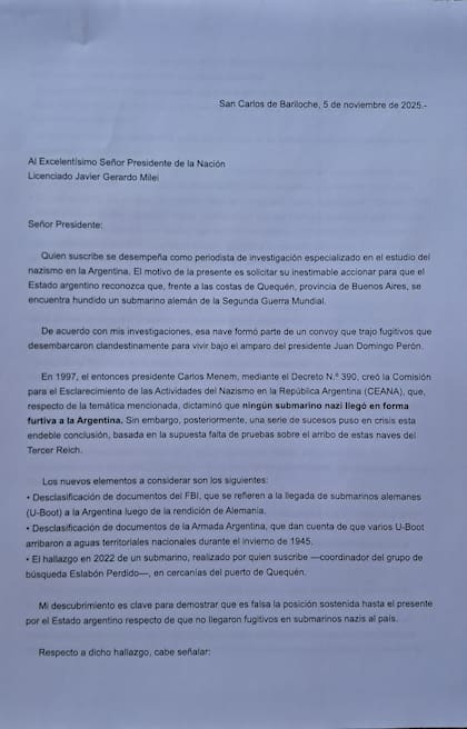 Carta de Abel Basti al Presidente, en la que le pide que el Estado argentino reconozca que los restos hallados en Quequén pertenecían a un submarino alemán