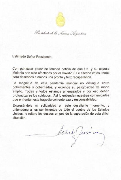 La carta de Alberto Fernandez a Donald Trump por haberse contagiado de coronavirus
