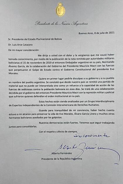 .Carta de Alberto Fernández a Bolivia