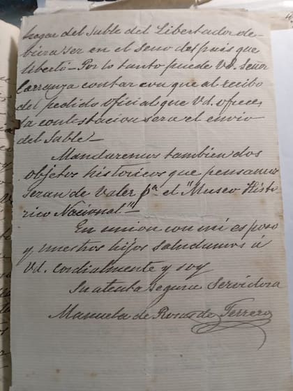 Carta de Manuela Rosas, de 1896, dirigida a quien fue el fundador del Museo Histórico Nacional, el historiador Adolfo P. Carranza