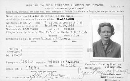 Carta de migración de Silvina Bullrich expedida por las autoridades de Brasil, en la época que inició su romance con Dupont.