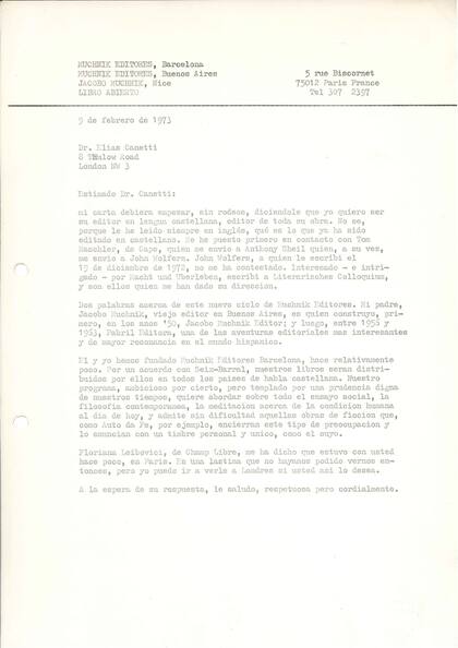 Carta de Muchnik a Canetti, 1973: “Yo quiero ser su editor en lengua castellana", le dijo al Nobel sin rodeos