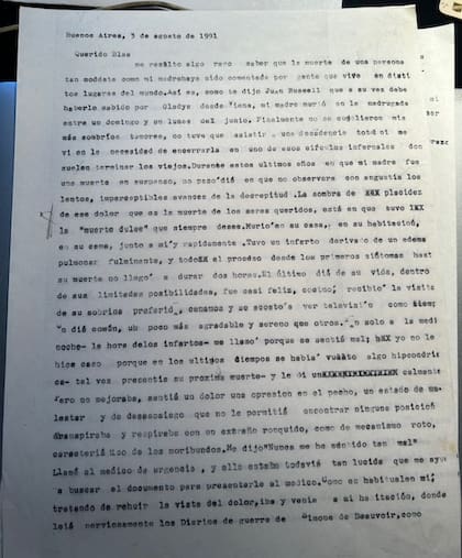 Carta de Sebreli a Blas Matamoro en el que habla sobre la muerte de su madre, en 1991