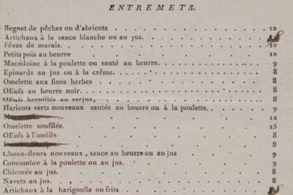 Carta de un restaurante de París de 1790, donde ya se observa una gran variedad de platos