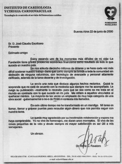 Carta del doctor Favaloro a José Claudio Escribano