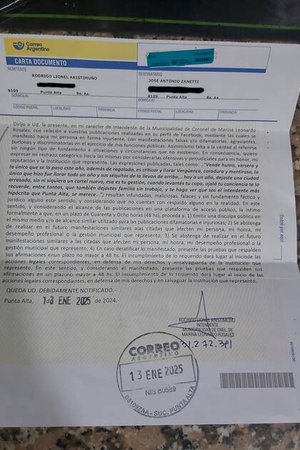 Carta documento a José Antonio Zanetti de parte de Rodrigo Lionel Aristimuño.
13 de enero de 2025, Punta Alta, Bs As.