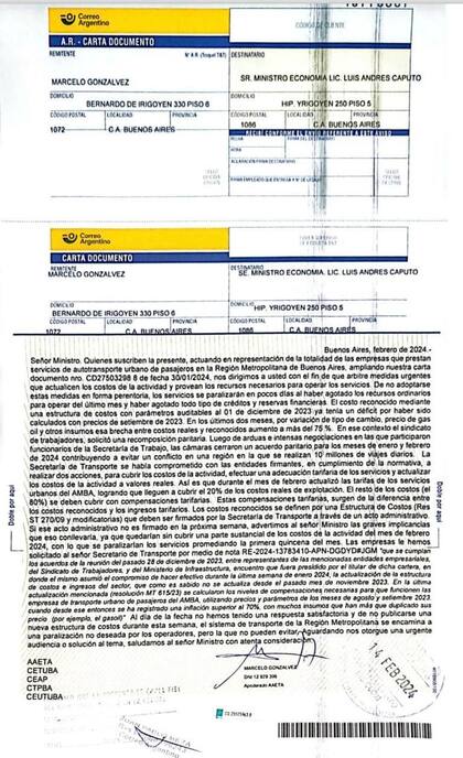 Carta documento de las cámaras empresariales de servicio de transporte al ministro de Economía, Luis Caputo