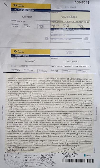 Carta documento de Pablo Biró a Fabián Lombardo