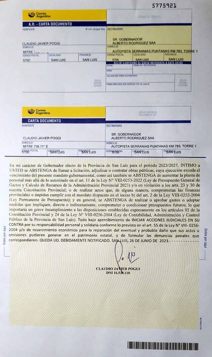 Carta documento de Poggi a Rodríguez Saá