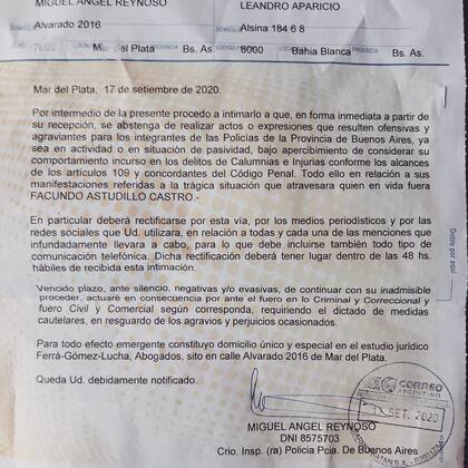 Carta documento enviada por un comisario retirado a Leandro Aparicio, uno de los abogados de la madre de Facundo Astudillo Castro