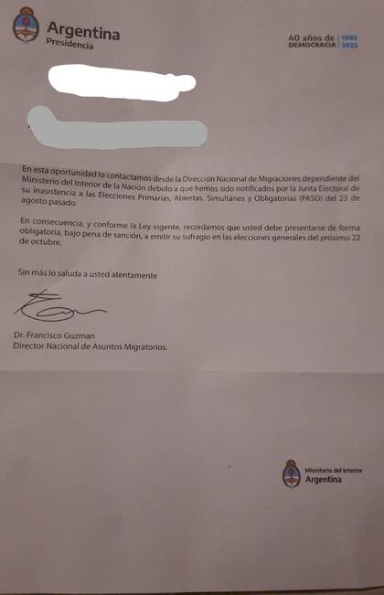 Carta emitida desde la Dirección de Migraciones llamando a votar a una persona de origen paraguayo