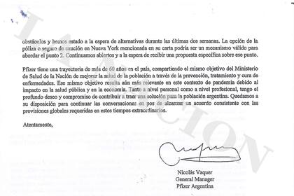 Ultima página de la carta envida por González García al gerente general de Pfizer. Habla de la posibilidad de contratar un seguro en Nueva York.