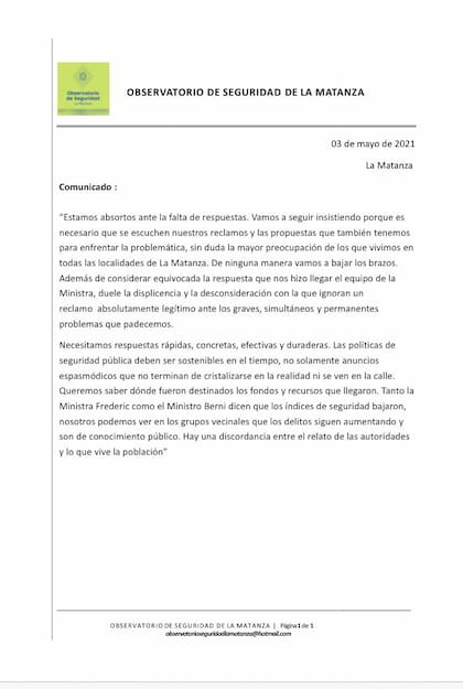 Carta pública de protesta publicada por el Observatorio de Seguridad vecinal de La Matanza; duras críticas contra Frederic