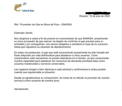 Carta que envió Litoral Gas a las estaciones de GNC