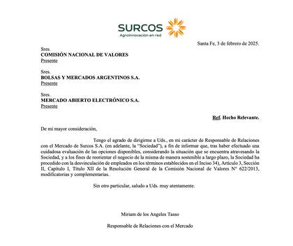 Carta que Surcos envió a la CNV con el despido de personal