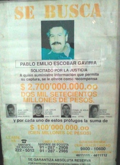 Cartel de búsqueda de Pablo Escobar, 1992