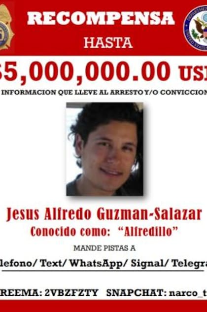 Cartel de recompensa de Jesús Alfredo Guzmán Salazar (Foto: Departamento de Estado de EE. UU)
