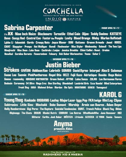 Cartel del Festival Coachella 2026, donde participará Justin Bieber (@coachella)