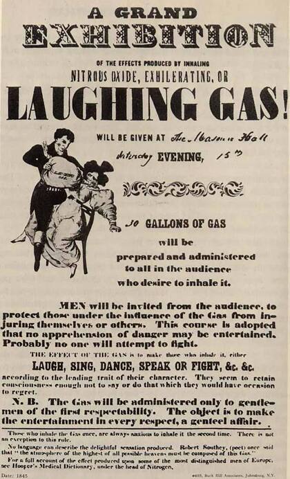 Cartel del siglo XIX anunciando una sesión de gas de la risa, en la que se usaba el óxido nitroso